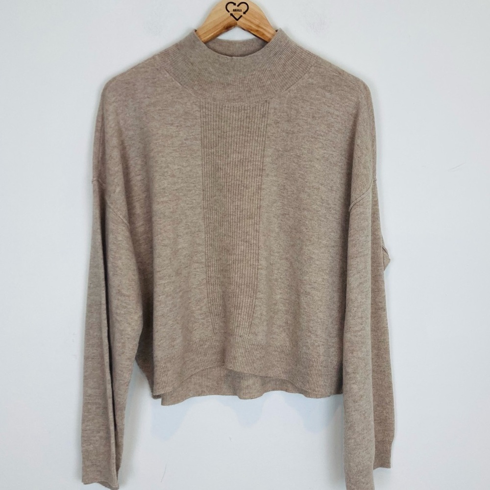 ATM  tan wool cashmere blend mock neck sweater w/ wide sleeves & ribbed detail